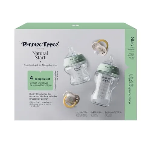Tommee Tippee ▫️ Conjunto de presente TT NS em vidro para recém-nascidos, biberões anticólicos de 150 ml e 250 ml com tetina de fluxo lento e extralento, e 2 chupetas Ultimate Fit para 0-6 meses, com autoesterilização 2