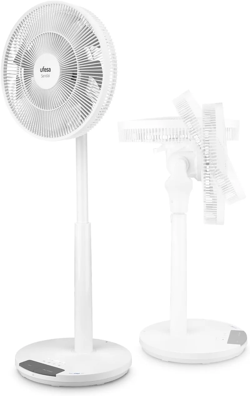 Ufesa ▫️ SilentEdge Ventilador de Chão Sendai, 24W, 12 Velocidades, 3 Modos, Oscilação até 90º, Ultra Silencioso, Sistema FootPress, Altura Ajustável, DualVortex Motion 14 Blades, Controlo e Ecrã LED