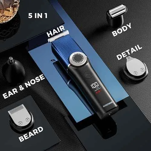 BARBERBOSS ▫️ Kit de higiene 5 em 1 para homem, aparador de barba sem fios, máquina de cortar cabelo, aparador corporal, aparador de detalhes e nariz, aparador de orelhas com botão de precisão 6