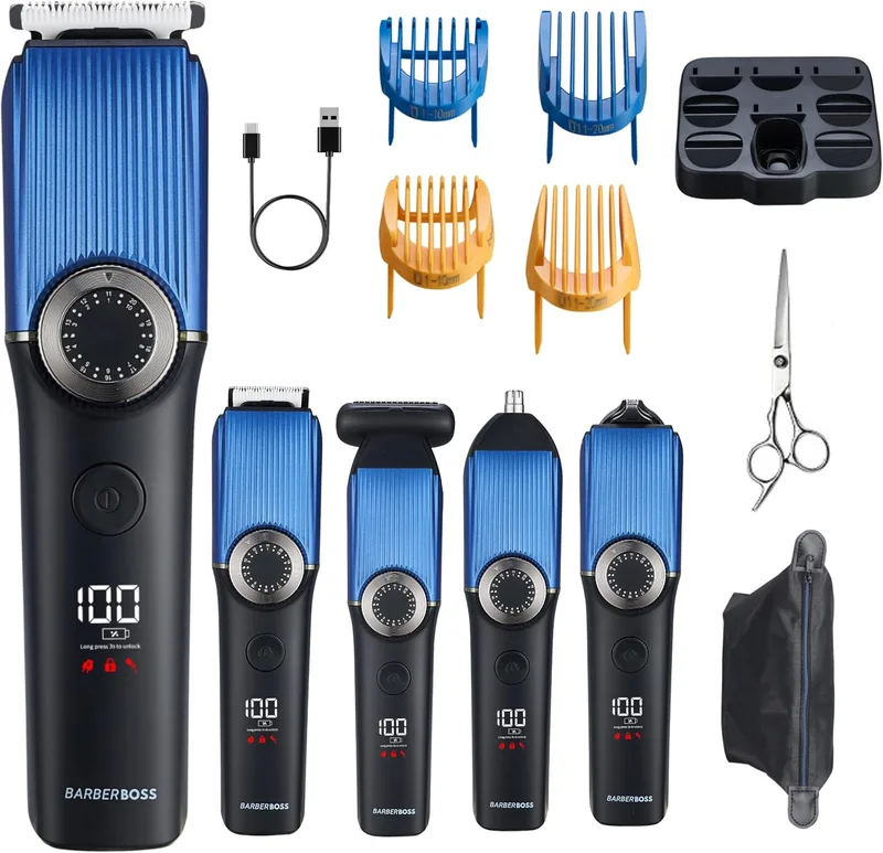 BARBERBOSS ▫️ Kit de higiene 5 em 1 para homem, aparador de barba sem fios, máquina de cortar cabelo, aparador corporal, aparador de detalhes e nariz, aparador de orelhas com botão de precisão