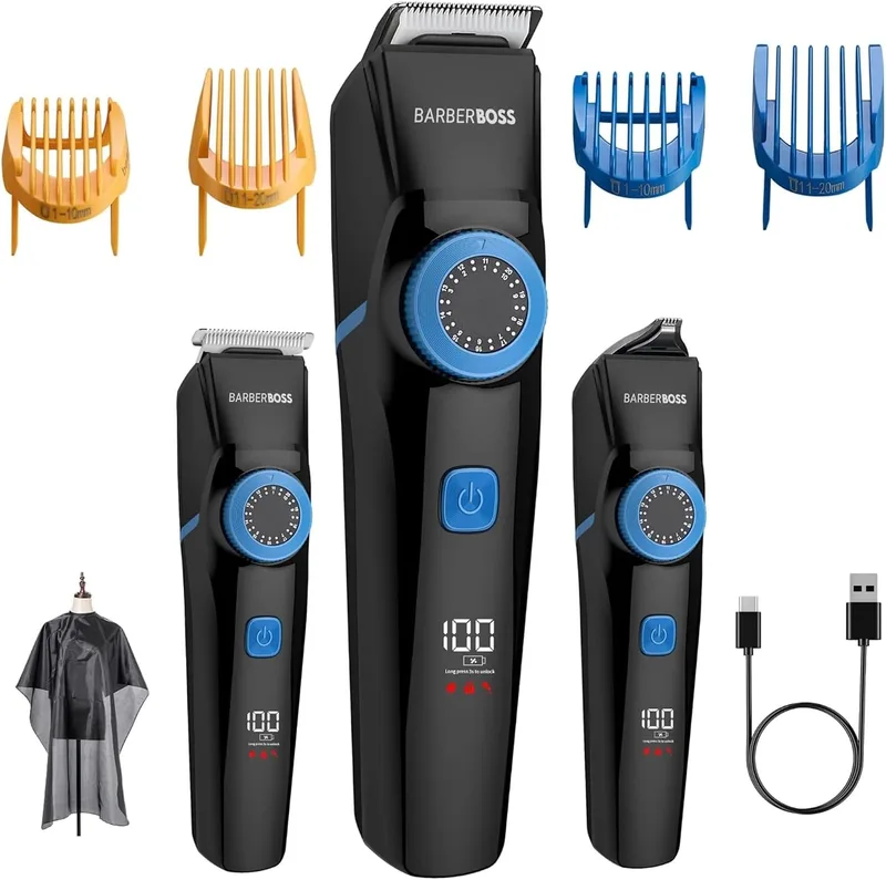 BARBERBOSS ▫️ Máquina de cortar cabelo, barba e retoques para homem, máquina de barbear facial recarregável para homem, kit de higiene pessoal sem fios 3 em 1 com esfera de precisão, indicadores LED, kit de higiene pessoal