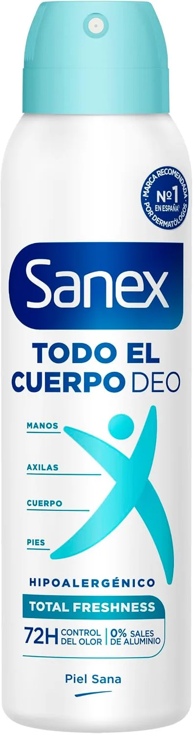 Sanex ▫️ Spray para Todo o Corpo Desodorizante Frescor Total 150 ml, Desodorizante para Mãos, Axilas, Corpo e Pés, 72 horas de proteção contra o odor clinicamente comprovada, hipoalergénico, suave para a pele, testado dermatologicamente