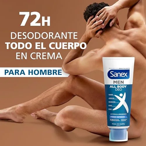 Sanex ▫️ Men Creme para Todo o Corpo Desodorizante Frescor Total 75 ml, Desodorizante para Mãos, Pés, Axilas, Corpo e Zonas Íntimas, 72 horas de proteção contra o odor clinicamente comprovada, hipoalergénico 4