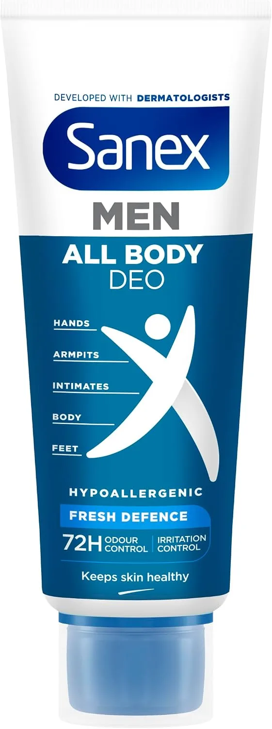 Sanex ▫️ Men Creme para Todo o Corpo Desodorizante Frescor Total 75 ml, Desodorizante para Mãos, Pés, Axilas, Corpo e Zonas Íntimas, 72 horas de proteção contra o odor clinicamente comprovada, hipoalergénico