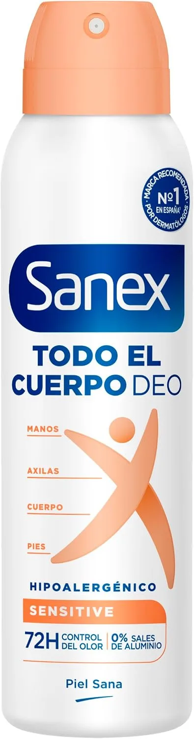 Sanex ▫️ Spray para Todo o Corpo Deo Sensível 150 ml, Desodorizante para as Mãos, Axilas, Corpo e Pés, 72 horas de proteção contra o odor clinicamente comprovada, hipoalergénico, suave para a pele, testado dermatologicamente