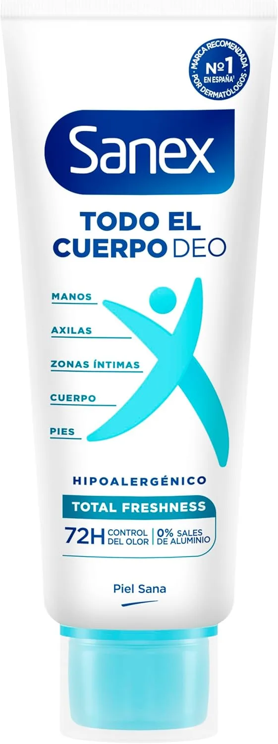 Sanex ▫️ Deo Total Freshness All Over Body Cream 75ml, Desodorizante para Mãos, Pés, Axilas, Corpo e Zonas Íntimas, Proteção 72H contra o odor clinicamente comprovada, Hipoalergénico
