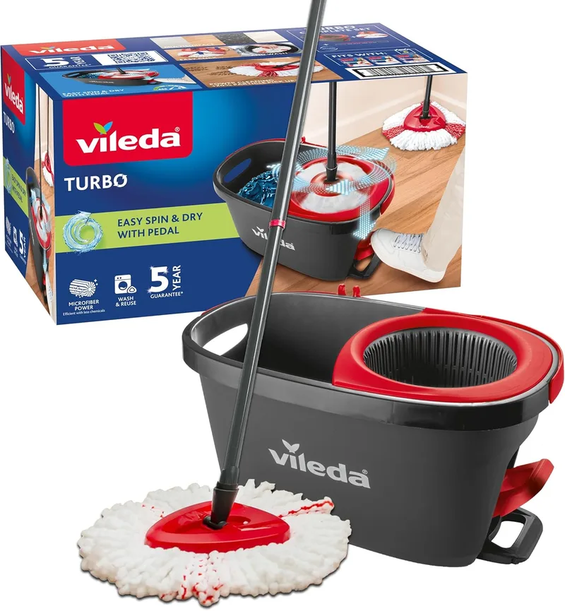 Vileda ▫️ Conjunto de esfregona Turbo com esfregona giratória activada por pedal e rodo para o pó | Cabo telescópico de 65 a 131 cm | Recarga de microfibras | Limpeza profunda com menos esforço