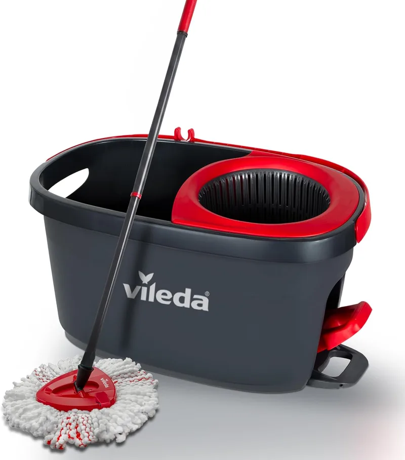 Vileda ▫️ Conjunto de esfregona Turbo com balde e espremedor giratório acionado por pedal | Cabo telescópico de 65 a 131 cm | | Recambio de microfibra | Limpeza profunda com menos esforço