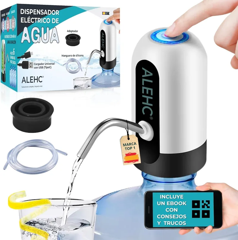 ALEHC ▫️ Distribuidor elétrico de garrafas de água ® - 8-20L - Bomba de água recarregável USB-C com mangueira de silicone de qualidade alimentar e adaptador - Portátil para casa, escritório, campismo - Sem BPA