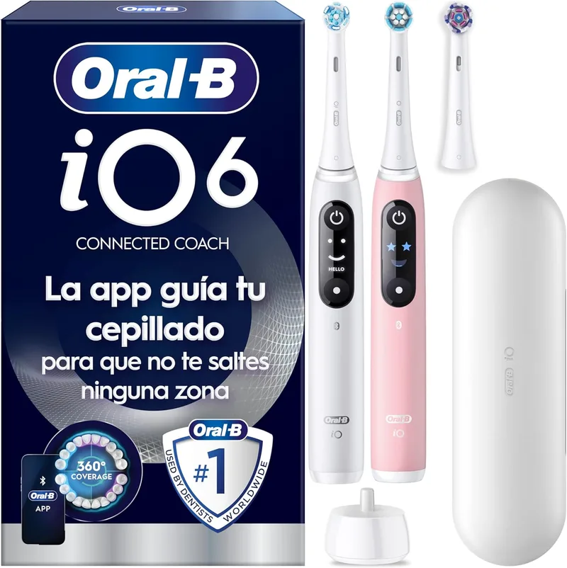 Oral-B ▫️ iO6 Pack de 2 escovas de dentes eléctricas brancas e cor-de-rosa com 3 cabeças de escova e estojo de viagem, 5 modos de escovagem, sensor de pressão, temporizador e aplicação, Oral B Toothbrush