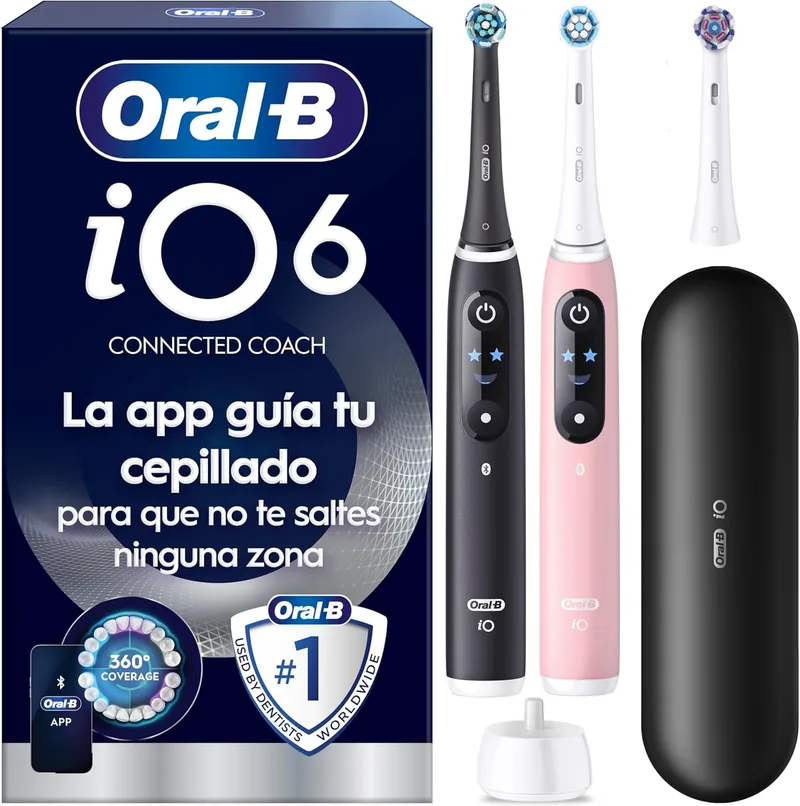 Oral-B ▫️ iO6 Pack de 2 escovas de dentes eléctricas preto e rosa com 3 cabeças de escova e estojo de viagem, 5 modos de escovagem, sensor de pressão, temporizador e aplicação, Oral B Toothbrush