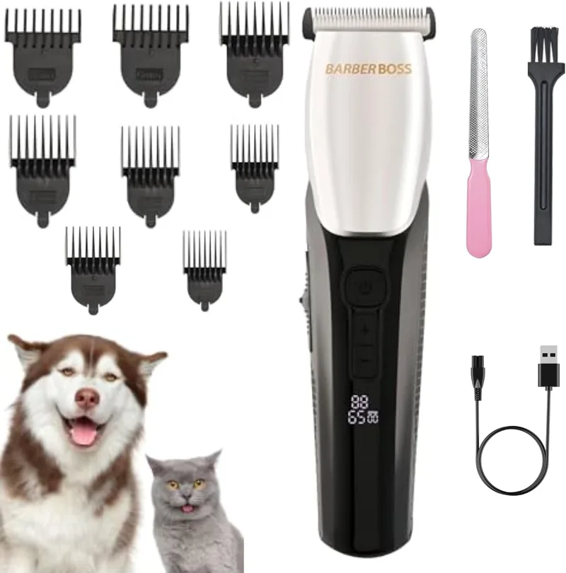 BARBERBOSS ▫️ Máquina de cortar pêlo para animais de estimação, aparador para cães e gatos, silenciosa e à prova de água, com comprimentos ajustáveis, máquina de cortar pêlo sem fios para animais de estimação