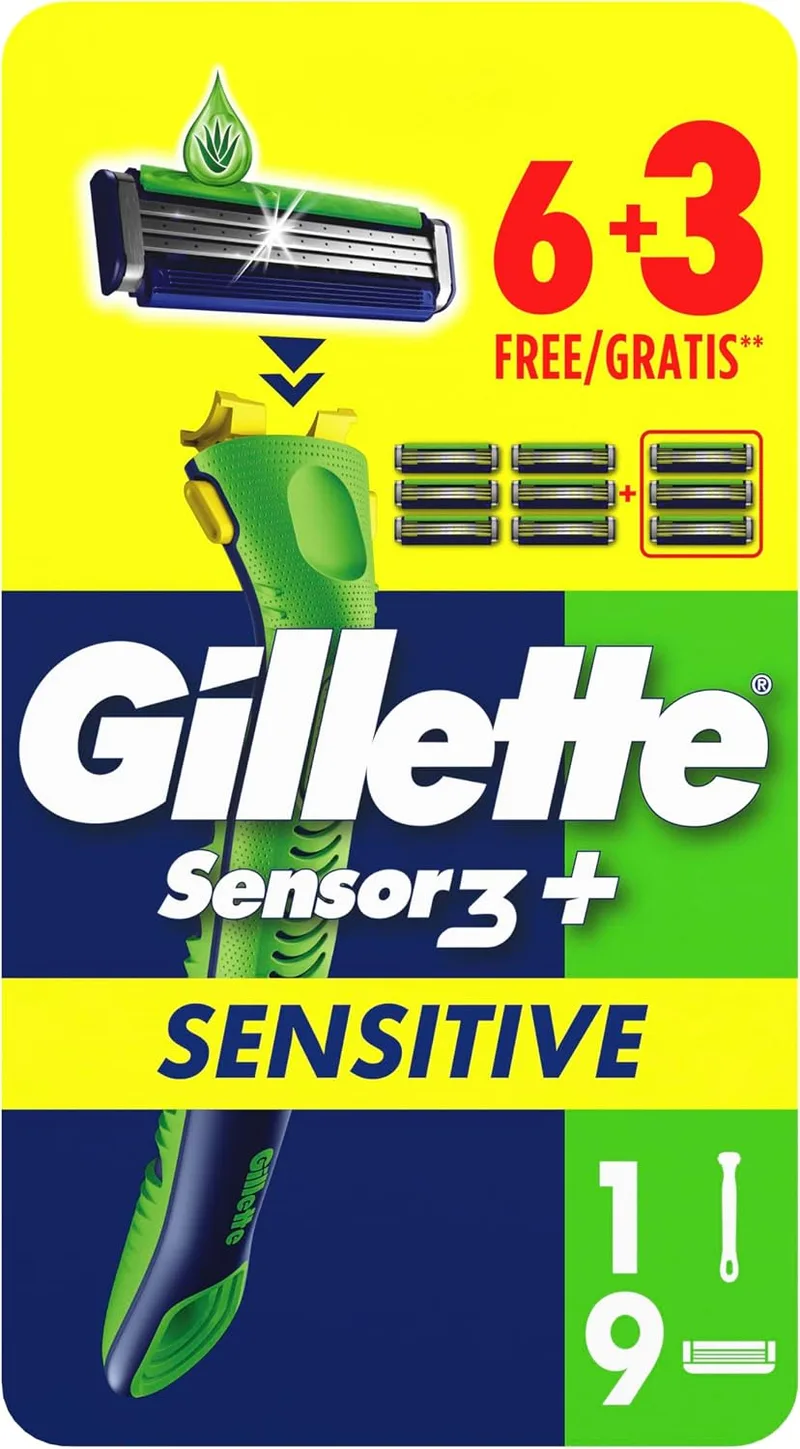 Gillette ▫️ Sensor 3+ Sensitive – Máquina de barbear para homem com 9 recargas | 1 cabo ergonómico + 9 lâminas de barbear, cabeça giratória, lâminas com 3 lâminas e faixa lubrificante para pele sensível