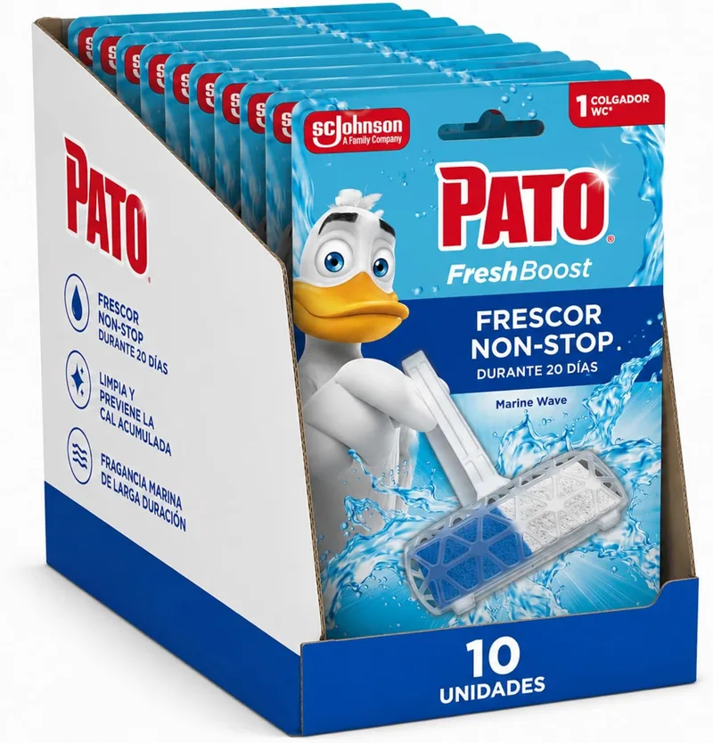 PATO ▫️ Fresh Boost - Suspensório para sanita Marine Wave, limpa, refresca e perfuma a sanita, frescura intensa, embalagem com 10 suspensórios
