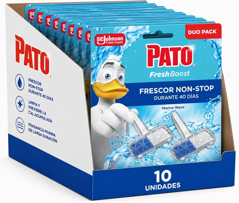 PATO ▫️ Fresh Boost Suspensório para Sanita Marine Wave, Limpa, Refresca e Perfuma a Sanita, Frescor Intenso, Embalagem de 10 x 2 = 20 suspensórios