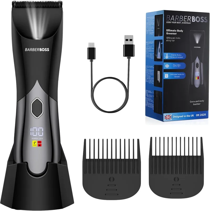 BARBERBOSS ▫️ Aparador corporal para homem, aparador elétrico sem fios e à prova de água para homem, aparador íntimo, aparador de controlo de precisão, kit de higiene corporal completo