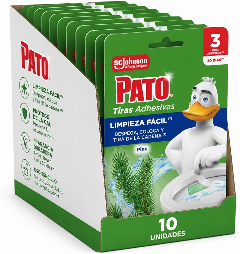 PATO ▫️ Tiras Adesivas para Sanita com Aroma a Pinheiro, Limpa, Refresca e Perfuma a Sanita, Frescor Intenso, Embalagem de 10 = 30 tiras