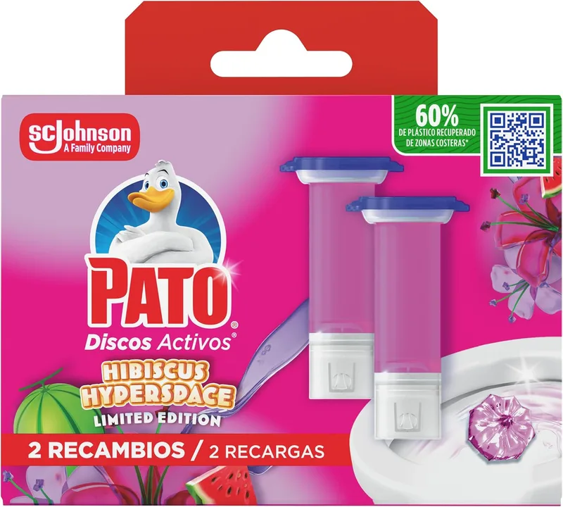 PATO ▫️ Discos higiénicos Duck Active Edição limitada Hibiscus Hyperspace, limpa, refresca e perfuma a casa de banho, eficácia 360°, 2 recargas = 12 discos