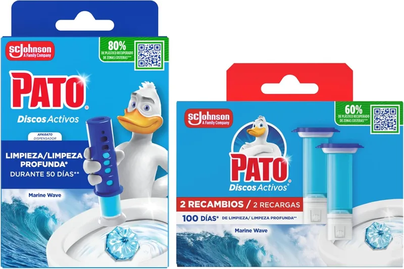 PATO ▫️ Discos Ativos WC Marine, Limpa, Refresca e Perfuma a Sanita, Eficácia a 360°, Embalagem com 1 aparelho + 3 recargas = 18 discos