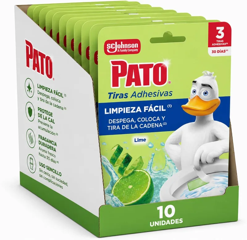 PATO ▫️ Tiras Adesivas para Sanita Lima: limpa, refresca e perfuma a sanita; frescura intensa; embalagem de 10 = 30 tiras