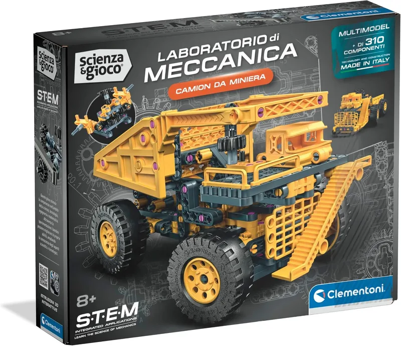 Clementoni ▫️ Ciência e Brincadeira Laboratório de Mecânica - Camião de Mineração, Conjunto de Construção 2 em 1 para crianças a partir dos 8 anos, STEM - Engenharia Automóvel, Fabricado em Itália, Idioma: Italiano, 19450