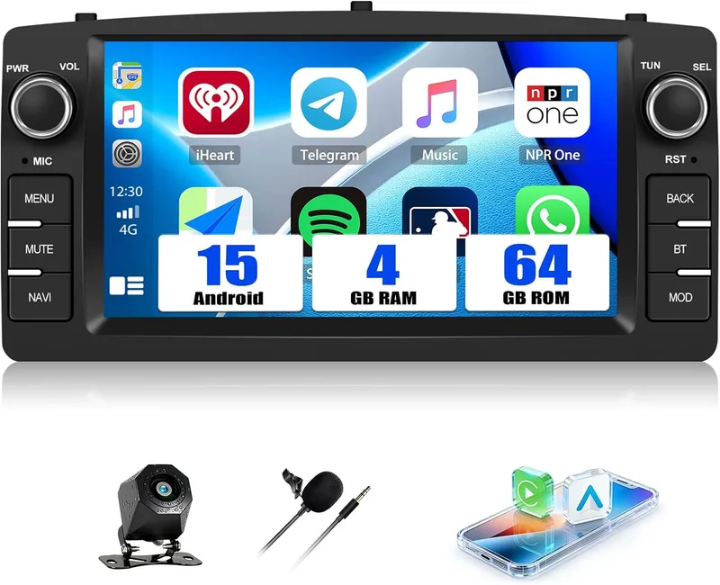 SIXWIN ▫️ 4+64G Android 15 Rádio para carro para Toyota Corolla E120/E130, Altis E120 e BYD F3 com ecrã HD de 7'', CarPlay sem fios, Android Auto, GPS, MirrorLink, Bluetooth 5.0, FM/RDS com câmara traseira
