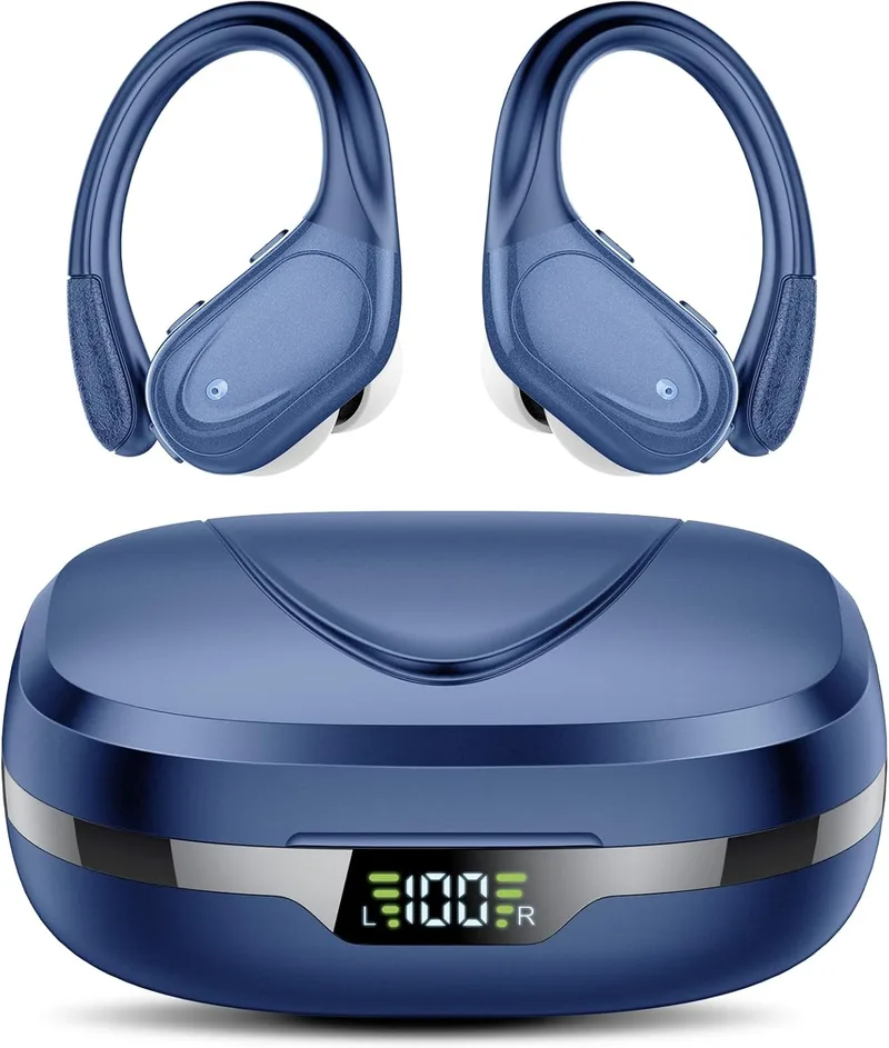 CASCHO ▫️ Auscultadores sem fios, Auscultadores desportivos Bluetooth 5.3 com gancho para a orelha, 60 horas de reprodução, ecrã LED, chamadas ENC HD, graves profundos, ajuste confortável, resistência à água IP7, azul claro