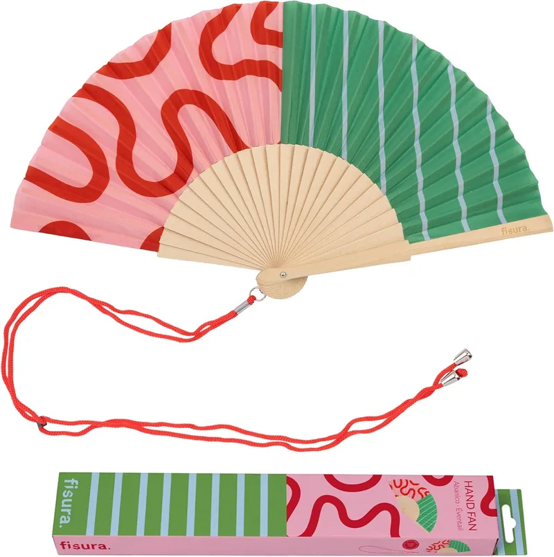 Fisura ▫️ Leque original com padrão de ondas e riscas. Leque de madeira moderno e colorido. Leque de mão rosa e verde. Suporte incluído. Ideia divertida para presente. 42,5 x 23 cm