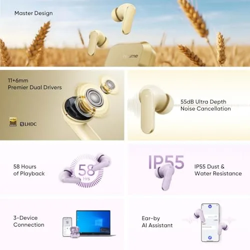 realme ▫️ Auscultadores Bluetooth Buds Air 8, ANC adaptativo de 55 dB e autonomia de 58 horas, auscultadores sem fios com driver de 11+6 mm, assistente Ear-by AI e tradutor AI, áudio de alta resolução LHDC 5.0, IP55, cinzento 2