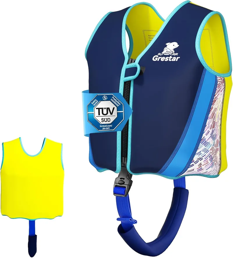 grestar ▫️ Colete flutuante para bebés e crianças em neoprene, Colete de piscina para bebés dos 2 aos 6 anos (15-30 kg), Colete flutuante infantil com 8 painéis de flutuação removíveis, tripla segurança, alça ajustável