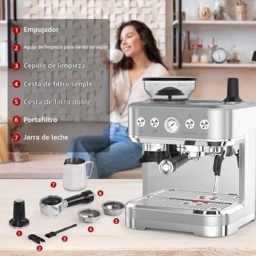 Garvee ▫️ Máquina de café italiana automática com moedor integrado – 15 bar e controlo PID – Café expresso profissional em casa com bico de vapor, depósito de 2,3 L, aço inoxidável, prateado 3