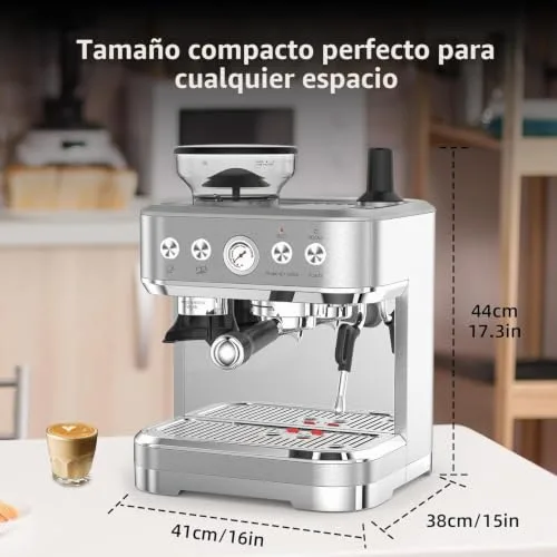 Garvee ▫️ Máquina de café italiana automática com moedor integrado – 15 bar e controlo PID – Café expresso profissional em casa com bico de vapor, depósito de 2,3 L, aço inoxidável, prateado 4