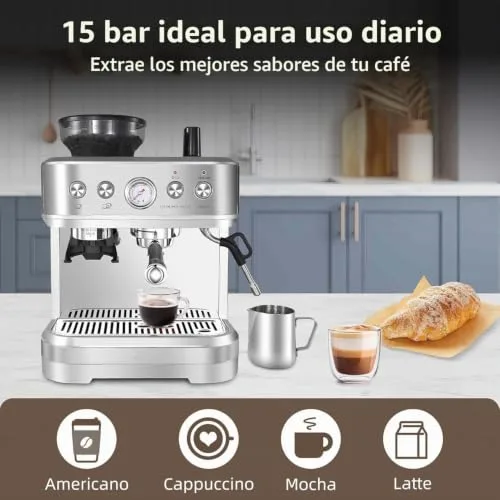 Garvee ▫️ Máquina de café italiana automática com moedor integrado – 15 bar e controlo PID – Café expresso profissional em casa com bico de vapor, depósito de 2,3 L, aço inoxidável, prateado 5