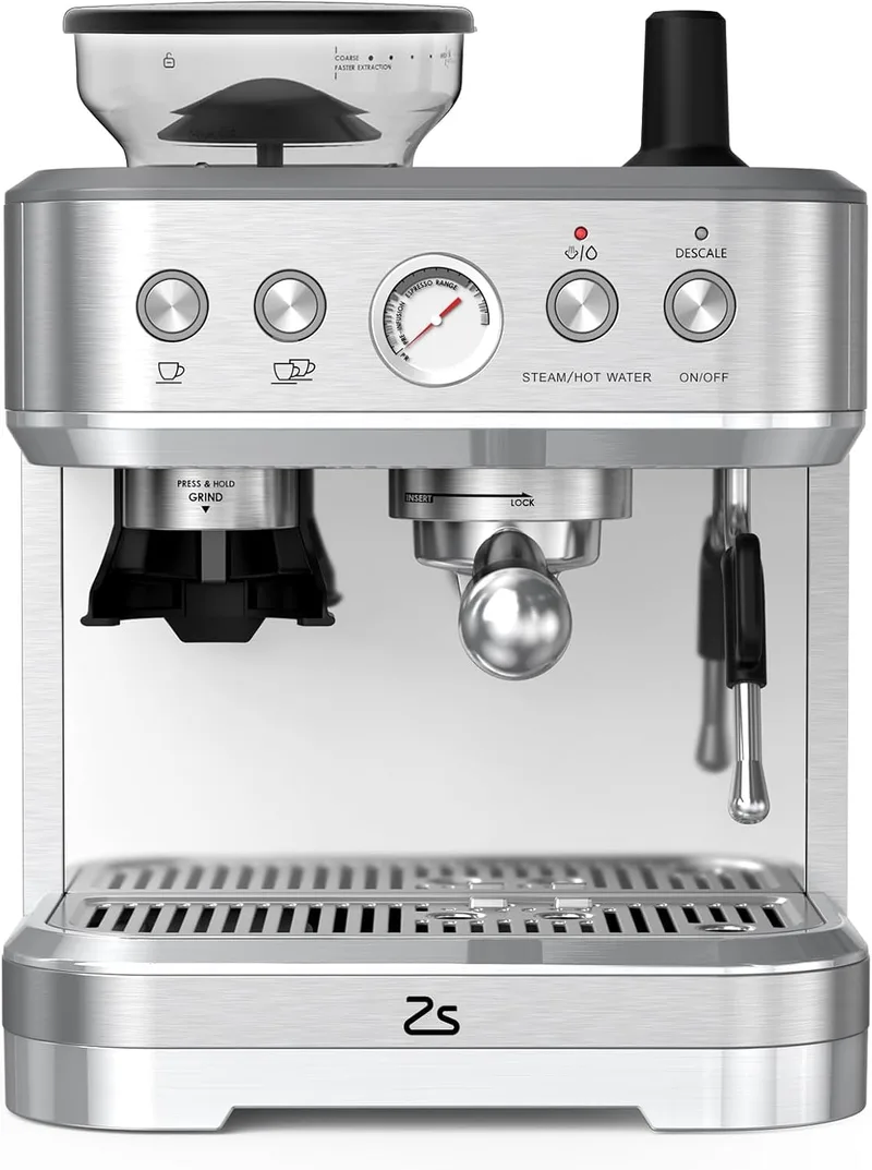 Garvee ▫️ Máquina de café italiana automática com moedor integrado – 15 bar e controlo PID – Café expresso profissional em casa com bico de vapor, depósito de 2,3 L, aço inoxidável, prateado