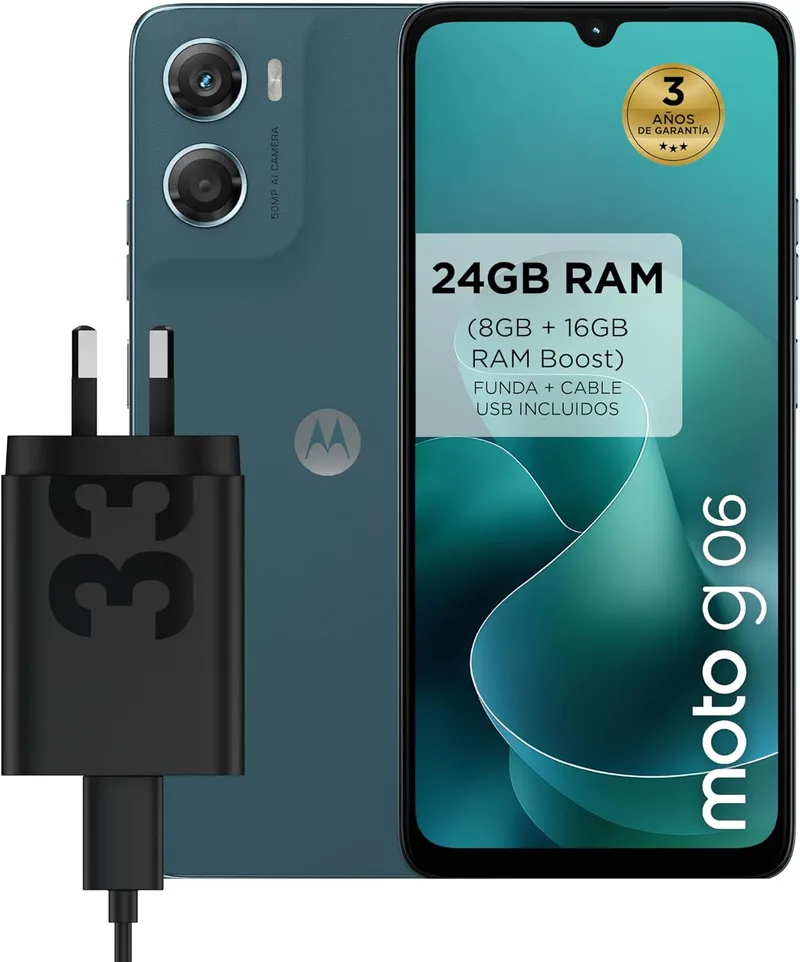 Motorola ▫️ Moto G06, smartphone, 24 GB (8 GB + 16 GB RAM Boost)/256 GB Pantone Tapestry, com carregador rápido TurboPower de 33 W