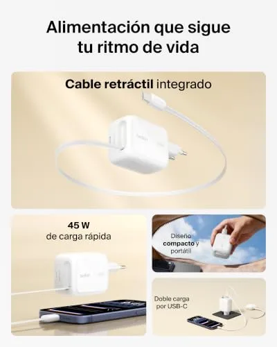 Belkin ▫️ Carregador USB-C com cabo USB-C retrátil e porta USB-C, carregador Tipo C GAN, carregamento rápido para as séries iPhone 17 e 16, série Galaxy S26, AirPods, tablets, MacBook e Chromebook 2