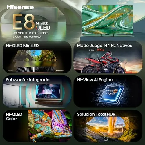 Hisense ▫️ 65E8S - Smart TV MiniLED de 65 polegadas, Hi-QLED MiniLED, Modo Jogo com 144 Hz nativos, subwoofer integrado, Hi-View AI Engine, Total HDR Solution, Filmmaker Mode, controlo sem mãos 3