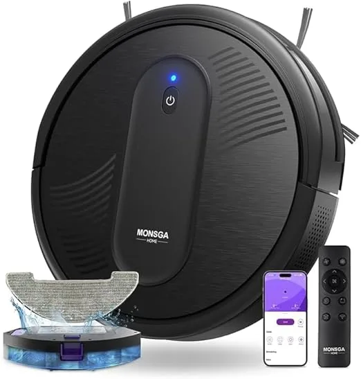 MONSGA ▫️ Robô Aspirador Robô Aspirador e Esfregador de Pisos com 4000Pa de Pressão de Sucção, Autonomia de 140 Minutos, Sensores Anticaída e Escova Multifunções, TotalSurface, Controlo por Aplicação | Robô Aspirador e Esfregador de Pisos 3 em 1,Autonomia de 140 minutos, sensores anti-queda, TotalSu