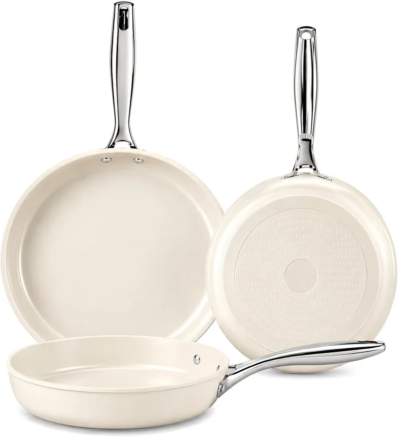 Koch Kode ▫️ Frigideira de indução antiaderente, frigideira pequena com revestimento cerâmico, base de alumínio para aquecimento uniforme, com pega de aço inoxidável, sem PFOA, PTFE e PFAS (bege, 20/24/28cm)