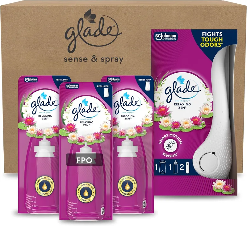 Glade ▫️ Ambientador Automático Sense & Spray Relaxing Zen, com sensor de movimento, dura até 180 dias, com óleos essenciais, embalagem com 1 difusor + 3 recargas