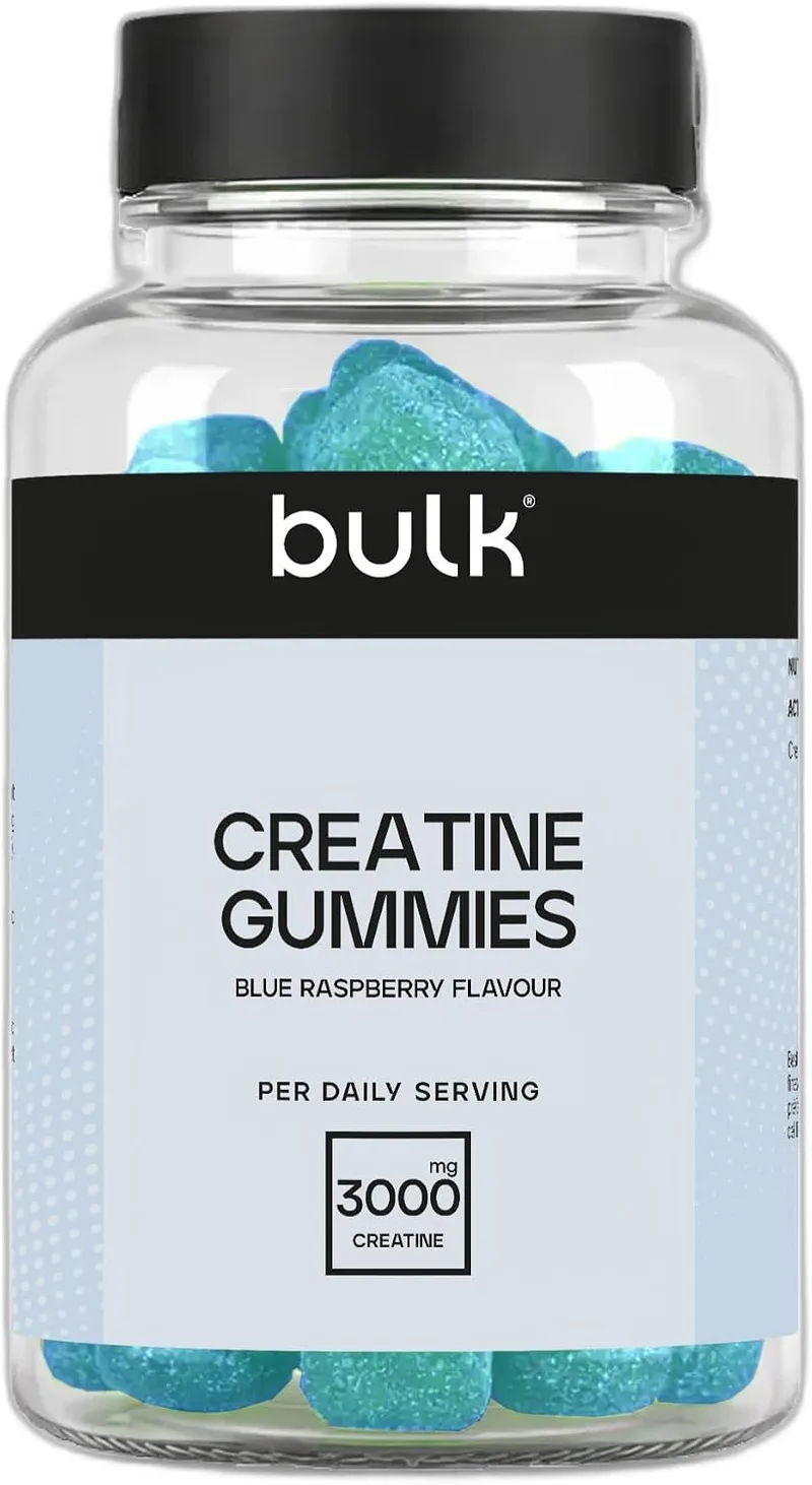 BULK POWDERS ▫️ Gomas de creatina a granel | 60 gomas com sabor a framboesa azul | 3 g de monohidrato de creatina por dose | Suplemento diário prático e fácil de tomar