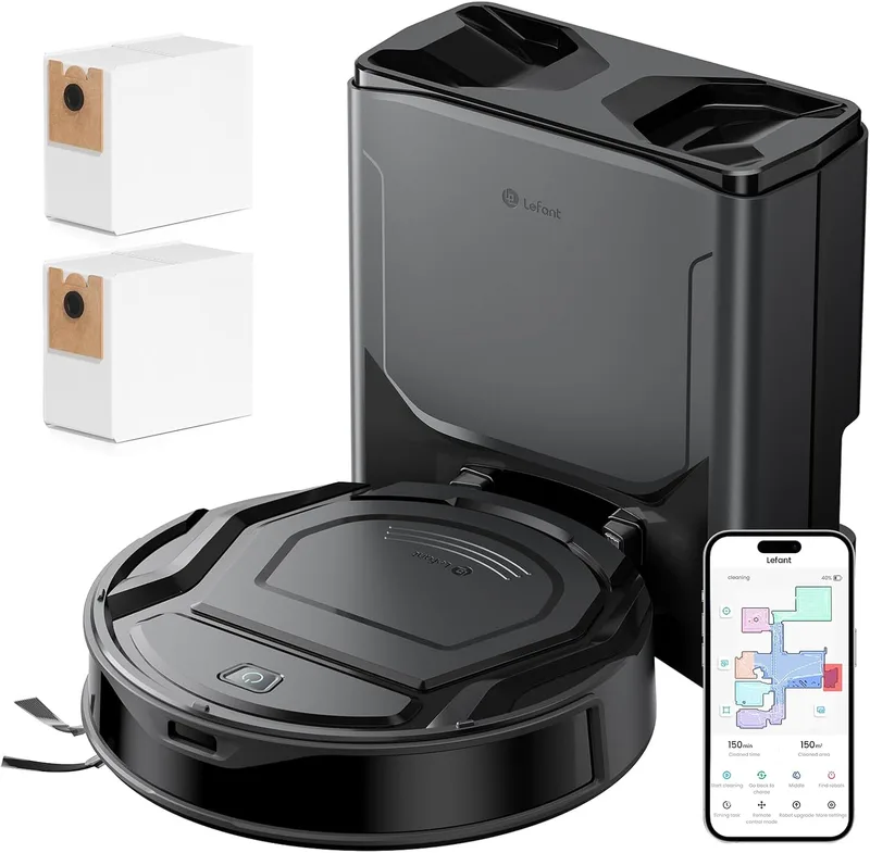 Lefant ▫️ M210 Plus – Aspirador e esfregador robótico, autonomia de 150 min, sucção de 6000 Pa, detecção de obstáculos a 190° (PSD), esvaziamento automático a cada 75 dias, deteção de tapetes, mapeamento a laser ToF, adequado para animais de estimação, preto