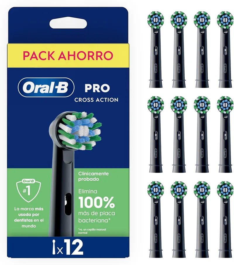 Oral-B ▫️ Cabeças de escova de substituição Pro CrossAction ORIGINAL para a escova de dentes eléctrica Oral B Pro, 12 unidades de cabeças de escova de substituição pretas com indicador de utilização e cerdas em forma de X para uma limpeza suave e completa.