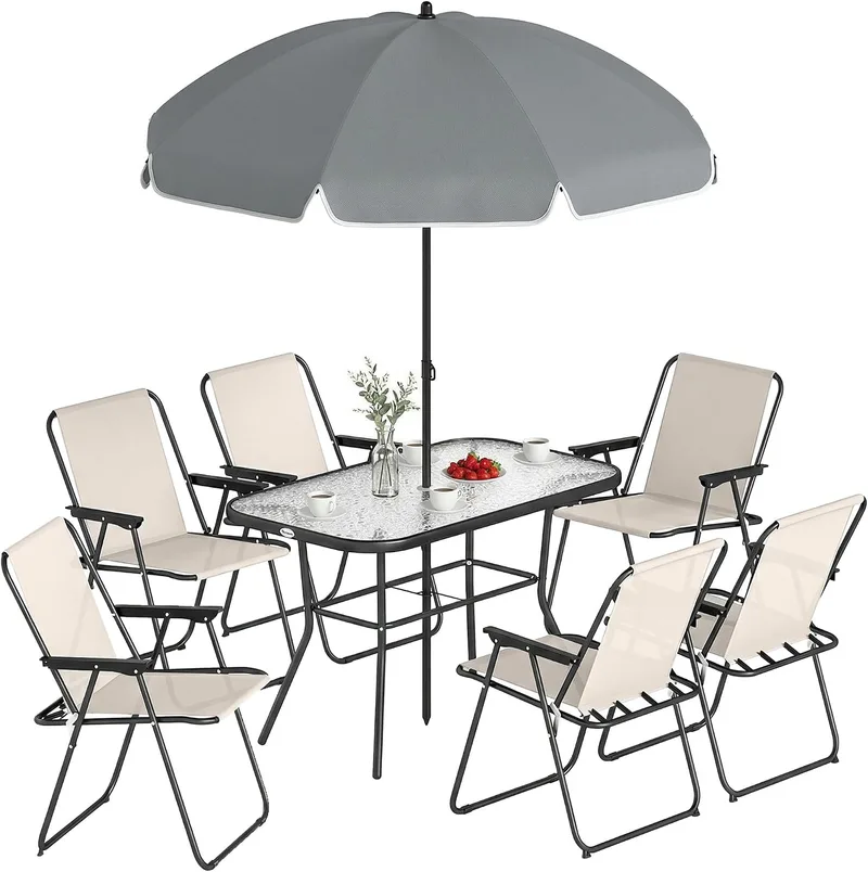 Outsunny ▫️ Conjunto de 8 peças para jardim, com mesa, cadeiras e guarda-sol creme | Mobiliário de jardim para exterior, 6 cadeiras dobráveis, mesa de vidro temperado, para terraço, pátio
