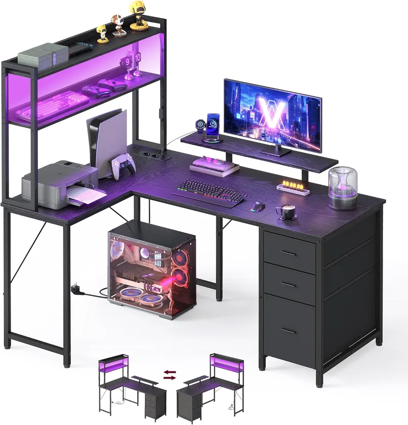 VASAGLE ▫️ Secretária em forma de L, com tomadas, luzes LED, gavetas e suporte para monitor, 140 x 100 x 150 cm, preta, para escritório em casa e jogos, coleção Barnet LWD162B101