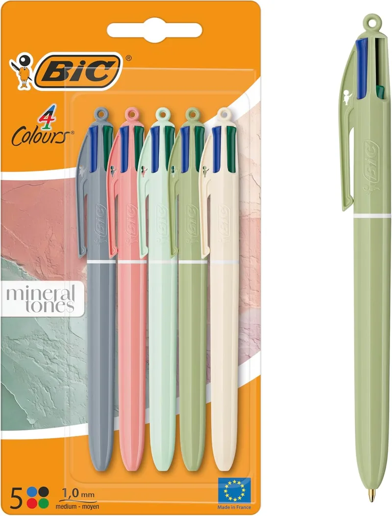 BIC ▫️ Canetas esferográficas 4 cores Mineral Tones, ponta média (1,00 mm) - Cores do corpo sortidas, embalagem de 5 unidades, ideais para material escolar, material de escritório e papelaria