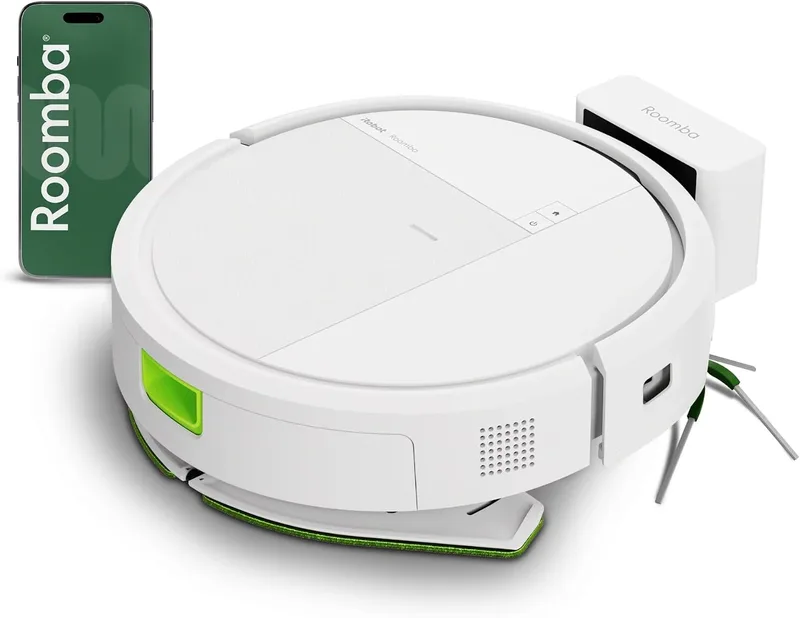 iRobot ▫️ Roomba 115 Combo, aspirador e esfregador de chão 2 em 1, potência de sucção de 15 000 pascais, escova lateral flexível, esfregona prolongada, navegação Clearview LiDAR, aplicação, branco