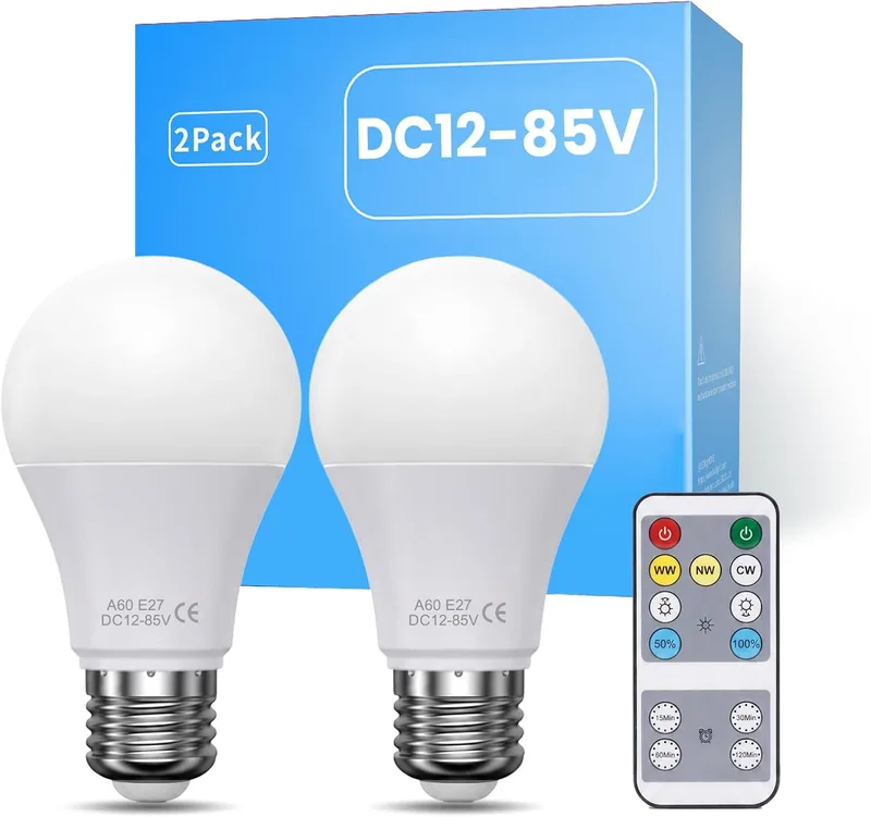 TrustWheel ▫️ Lâmpada LED E27 de 12 V CC com comando à distância, 8 W, 500 LM, embalagem com 2 unidades