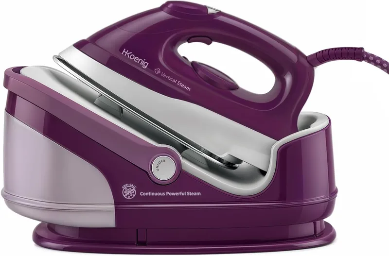 H.Koenig ▫️ V8 Centro de engomar vertical de alta pressão 8 bar, vapor contínuo 100 g/min, autonomia ilimitada, placa de cerâmica, aquecimento rápido, 2400 W, depósito amovível 1,7 L