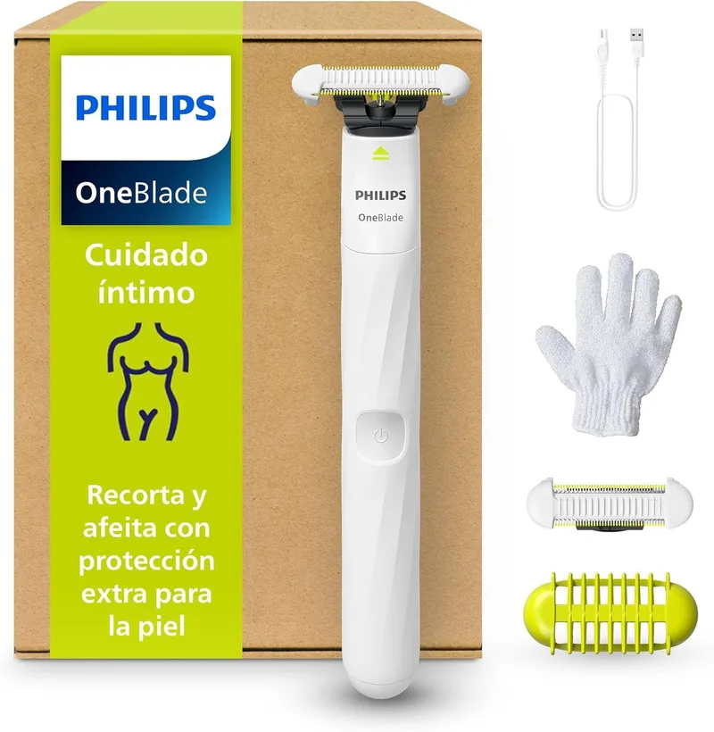 PHILIPS ▫️ OneBlade Intimate, Cuidados Íntimos, Aparador e Máquina de barbear com proteção extra para a pele, depilação precisa e confortável — sem barbear completamente rente, Modelo QP1924/28